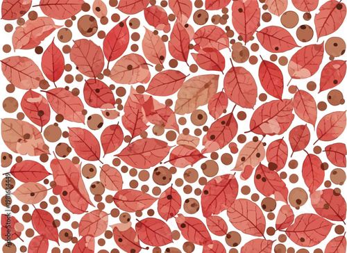 Quadro su tela Red Leaves and Brown Acorns on White Background Pattern