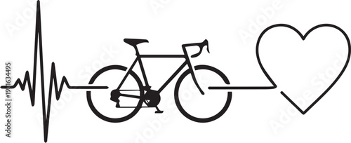Bike heartbeat vector line with heart symbol. bicycle love concept graphic. cycling activity for health and passion.