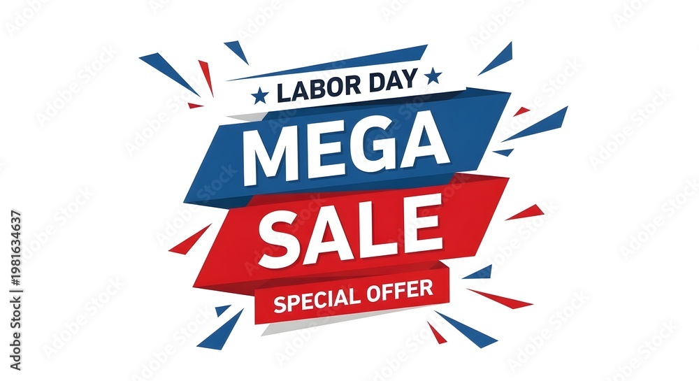 Fototapeta premium Labor day mega sale special offer badge with dynamic geometric shapes and confetti isolated on white background