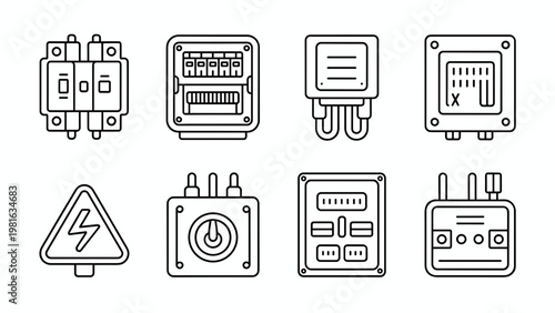 Electrical Distribution Box Line Icon Set Circuit Panel, Fuse Board, and Power Control Symbols