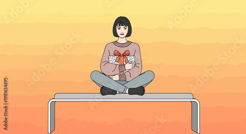 A young woman sitting cross-legged on a bench, holding a gift wrapped with a red ribbon, with a warm, gradient sky in the background