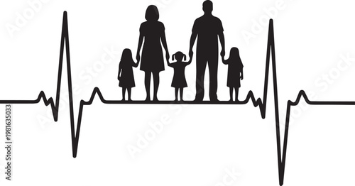 Heartbeat pulse line with family of five silhouettes, parents and three children, standing on the rhythm.