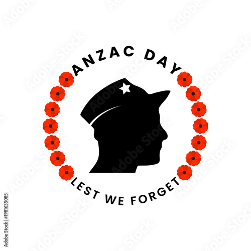 Honor fallen heroes with this ANZAC Day memorial a soldier silhouette and red poppy wreath. Perfect for Lest We Forget tributes, veteran remembrance, and military commemoration themes.