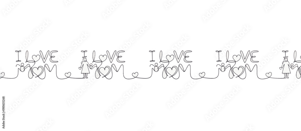 Fototapeta premium Continuous line art border with I love mom text and child drawing. Minimalist vector divider isolated on transparent background