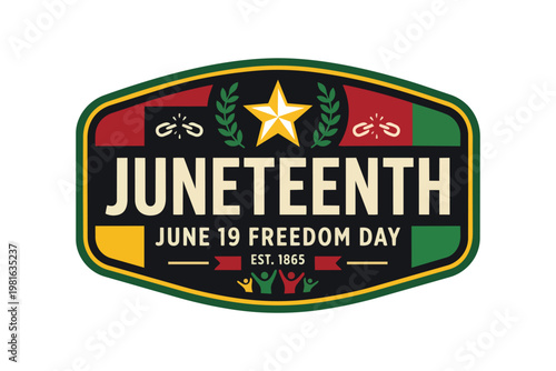 Juneteenth emblem celebrates Freedom Day with a symbolic design featuring a star and broken chains conveying liberation