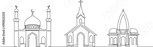 Continuous line art of different religious buildings, unity in diversity vector
