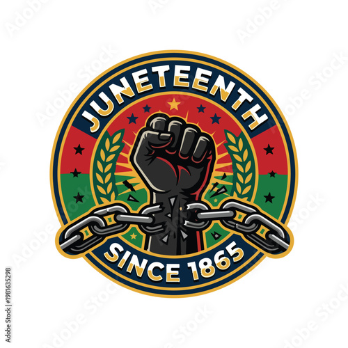 Juneteenth emblem featuring a black power fist with broken chains set against a red green and black background