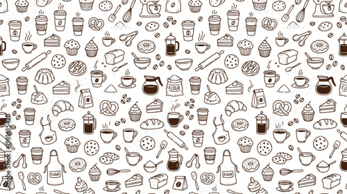 Bakery and hot drink outline seamless pattern with various baked goods and coffee items on a white background