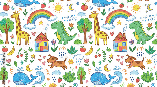 Colorful doodle pattern featuring whimsical animals like giraffes and whales with houses and plants in a childlike style