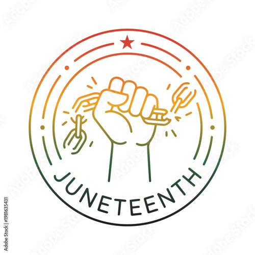 Juneteenth emblem with a fist breaking chains symbolizing freedom and liberation outlined in a vibrant gradient design