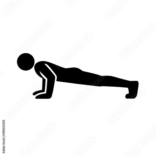 Minimalist vector pictogram of a person in a plank or push-up position. Perfect icon for fitness apps, gym logos, bodybuilding guides, and health training.