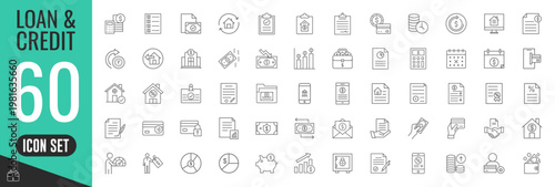 Loan and Credit thin line icons set. Mortgage, credit rating, calculator icon. Vector