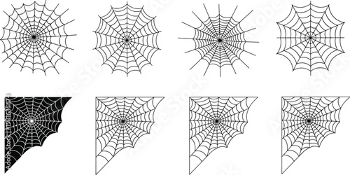 Spider Web Pattern Set in Black with Various Styles for Halloween, Spooky, and Gothic Themed Designs, Vector Illustration