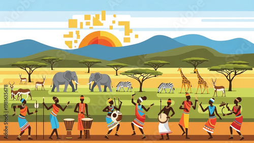 Vibrant illustration of African dancers and musicians performing in savannah landscape with wildlife.