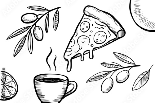 Hand-drawn of a pizza slice, steaming coffee cup, olives, and citrus slice white background