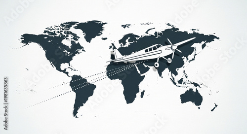 Airplane flying over a world map, symbolizing global travel and connectivity.