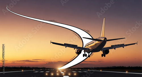 Airplane Landing at Sunset with Light Trails.
