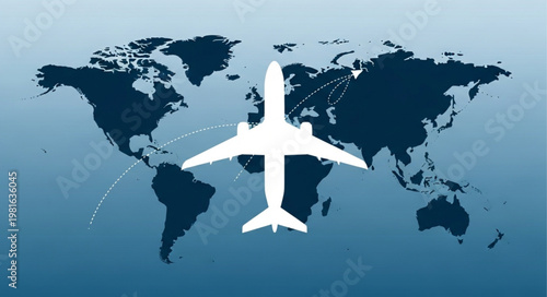 Airplane Silhouette Over World Map - Global Travel and Connectivity.