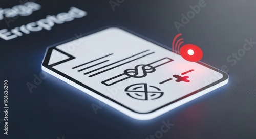 Encrypted document with a red warning symbol on a dark screen