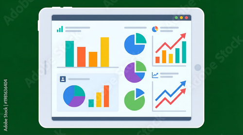 Business Data Visualization Dashboard on Tablet | Flat Design Analytics Infographic with Graphs and Charts