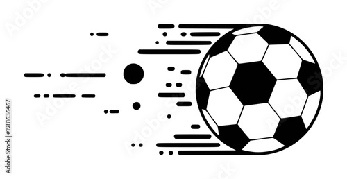 Dynamic black and white soccer ball in motion with motion trails white background