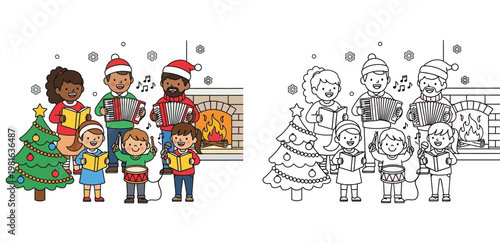 Christmas Carolers Singing and Playing Instruments near Fireplace Coloring Page and Color Illustration for Kids Activities.