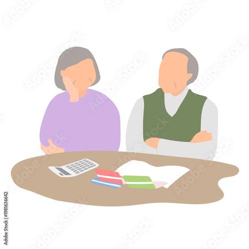 お金や生活費について悩む高齢夫婦のイラスト