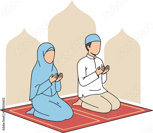 Cartoon vector illustration of prayer showing people on mat with raised hands inside mosque arches spiritual devotion concept