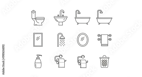 Bathroom Icons - Toilet, Sink, Bathtub, Shower, Mirror, and Accessories.