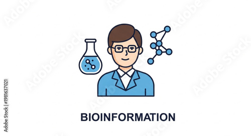 Bioinformation Illustration - Scientist, Flask, and Molecular Structure Depicting Bioinformatics Concept.