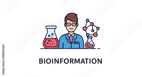Bioinformation Illustration - Scientist with Beakers and Molecular Structure Depiction.