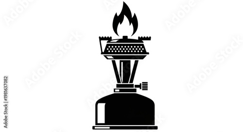 Black and White Illustration of a Camping Stove with Flame.
