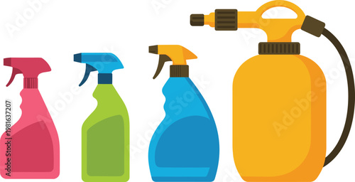 Cartoon vector illustration of spray bottles showing colorful designs for cleaning gardening and household liquid application design