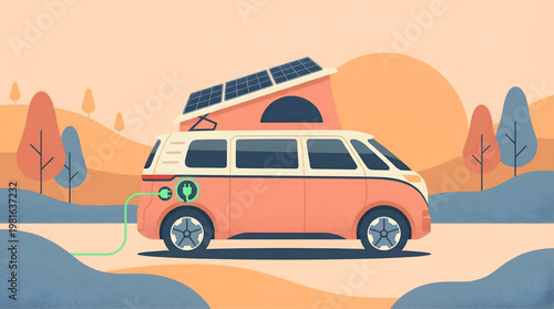 Electric Camper Van with Solar Panels at Sunset | Sustainable Eco-Friendly Travel and Camping Flat Design Illustration