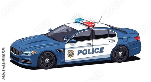 Blue and White Police Car with Lights on Top.