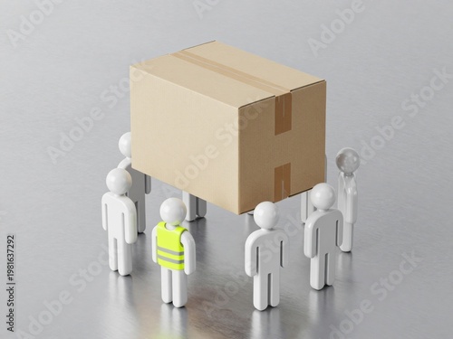 People figures carrying cardboard box on metal surface