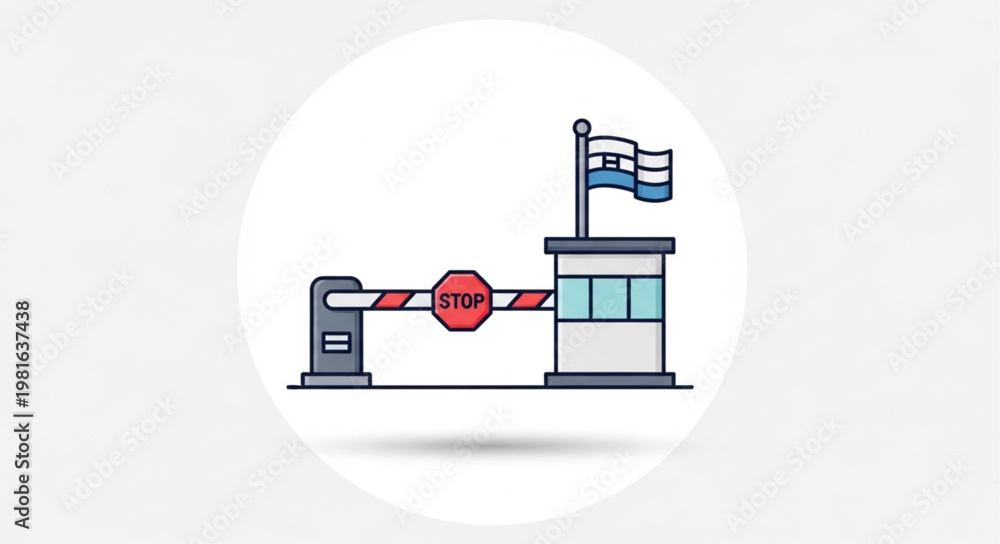 Obraz premium Border Crossing Security Checkpoint with Flag and Barrier.