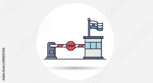 Border Crossing Security Checkpoint with Flag and Barrier.