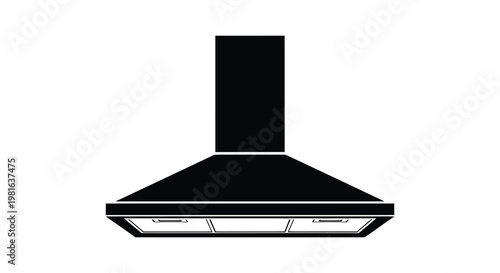 A black kitchen range hood depicted in a striking minimalist silhouette