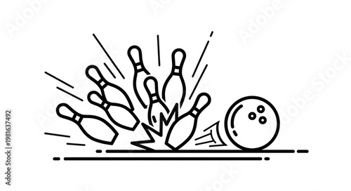Bowling Strike Illustration - Bowling ball hitting pins in a bowling alley.