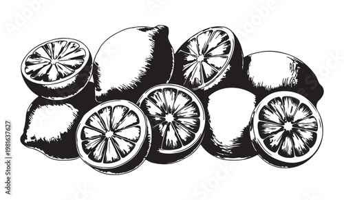 Vintage style engraving of lemons and sliced citrus fruit pile creating a classic rustic woodcut aesthetic.