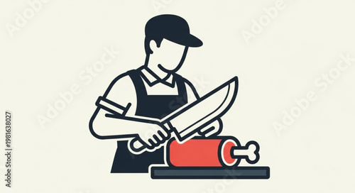 Butcher Cutting Meat Illustration - Professional Butcher at Work with Sharp Knife.