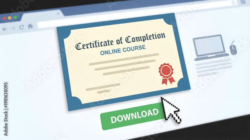Certificate of Completion on Computer Screen | Modern E-Learning Success with Download Button Vector Illustration