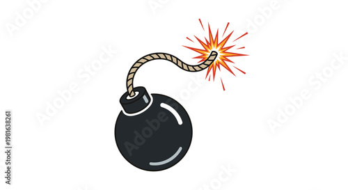 Round black bomb with a burning fuse and spark effect stands out against a clean white background in flat style.