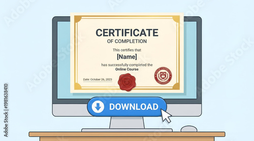 Certificate of Completion on Computer Screen | Modern E-Learning Success with Download Button Vector Illustration