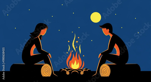 Campfire Conversation - Two People Sharing Stories Under the Moonlight.