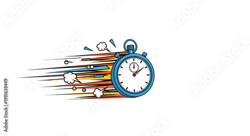 Blue stopwatch moving at high speed with motion lines and clouds representing quick time or urgent delivery services.
