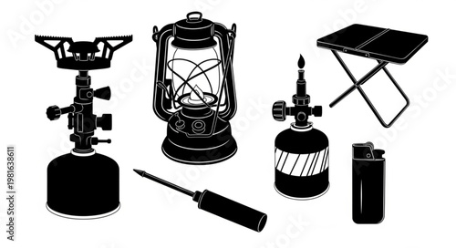 Camping Gear Essentials - Stove, Lantern, Table, and Lighter.