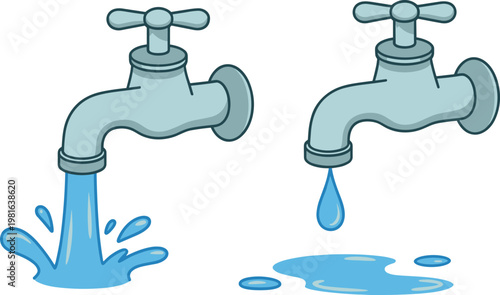 Cartoon vector illustration of water faucets showing heavy flow and dripping droplet design with conservation and usage concept