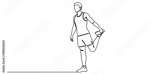 A single line drawing of an athletic man performing a standing quad stretch exercise for fitness
